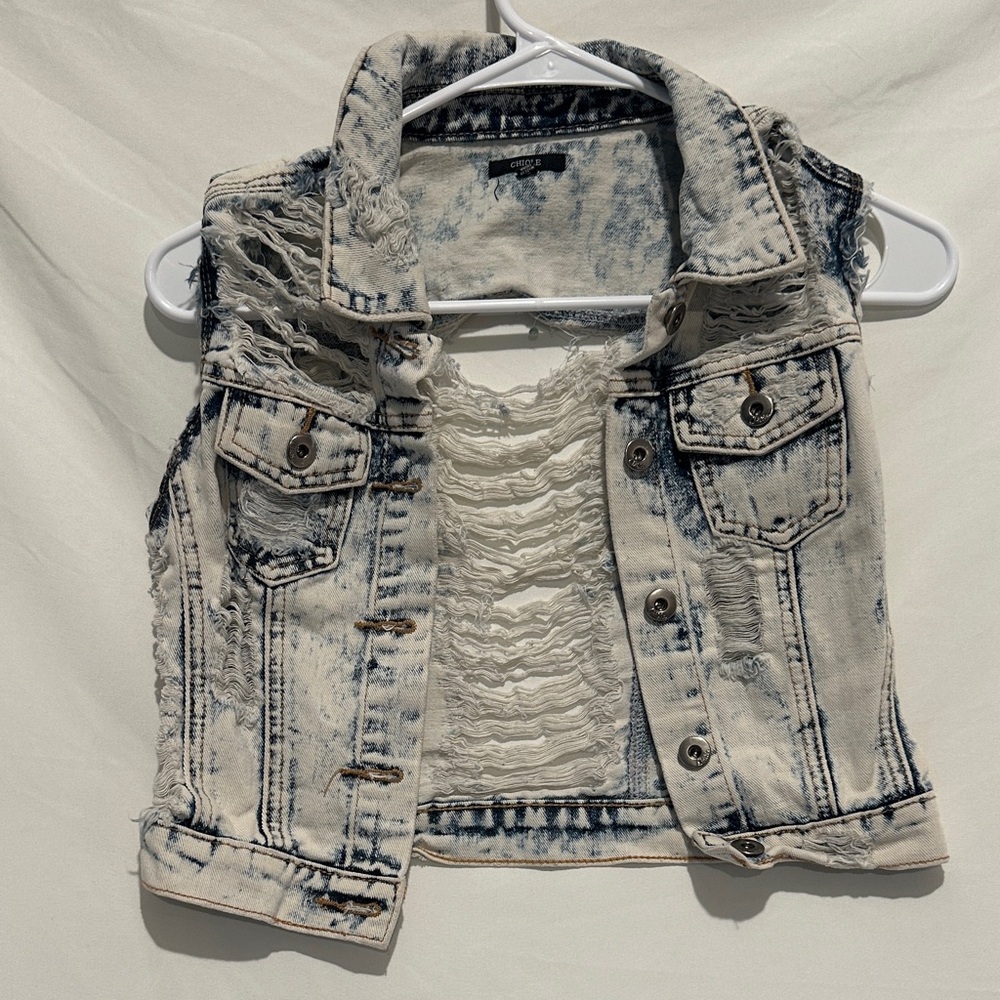 Chloe Distressed Denim Vest - Black and Cream